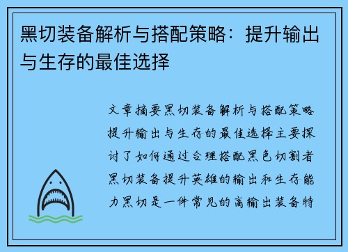 黑切装备解析与搭配策略：提升输出与生存的最佳选择