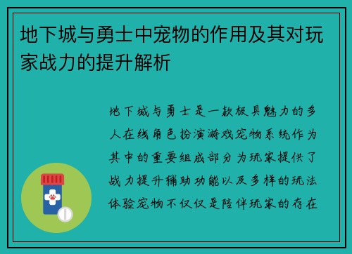 地下城与勇士中宠物的作用及其对玩家战力的提升解析